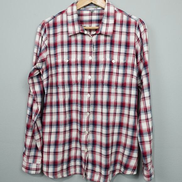 Horny Toad Flannel Tunic Top Sz S Red Cream Plaid Gathered Back Shirt Pockets LS - Picture 1 of 14